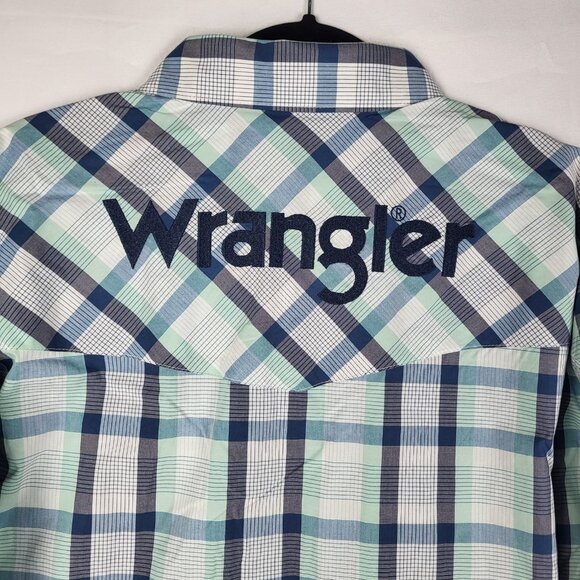 Wrangler Plaid Spellout Shirt Mens XL Tall Blue Green Button Up Western NWT - Picture 4 of 16